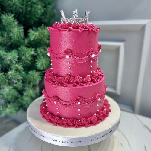 Pembe Simli Taçlı Kremalı Pasta