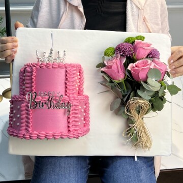 Çiçek Demeti Hediyeli Pembe Taçlı İlüzyon Pasta  (Yan Duran Pasta)