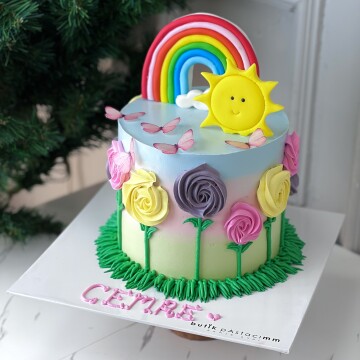 Güneş ve Gökkuşağı Kremalı Çocuk Pastası