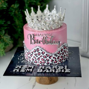 Pembe  Leoparlı Taçlı Pasta (Simli Pasta Üfleme)