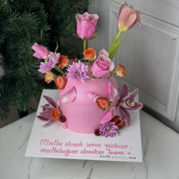 Trend Karışık Çiçekli Tasarım Pasta (Pembe)